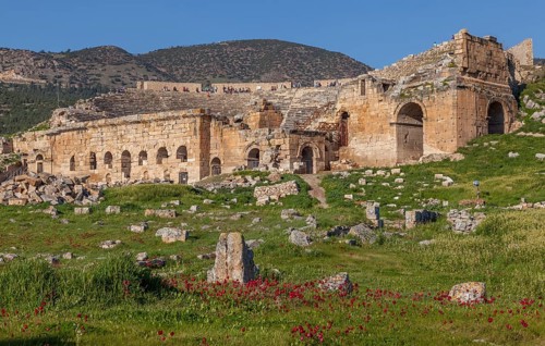 Ruins of the ancient theatre Hieropolis, near Pamukkale, Denizli, Western Turkey, Turkey, Asia