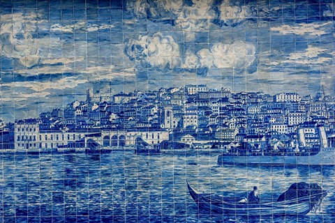 Azulejos or wall tiles with a city view, Lisbon, Portugal, Europe