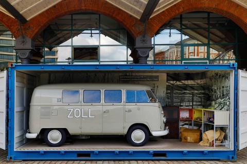 German Customs Museum with VW Bulli in a container in the historic Speicherstadt, Hamburg, Germany,