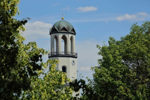 Tower of the St. Laurentius Church, Saint, Auerbach, Vogtland, Saxony, Germany, Europe