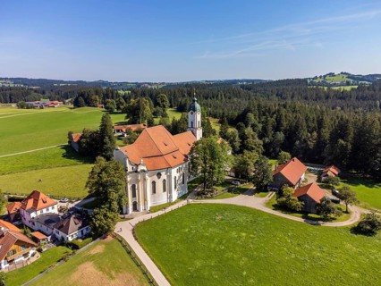 Aerial view of the pilgrimage church, Wieskirche, Steingaden, Romantic Road, Pfaffenwinkel, Upper