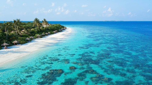 Aerial view bird's eye view of left long beach palm beach of Maldives island, in the middle lagoon