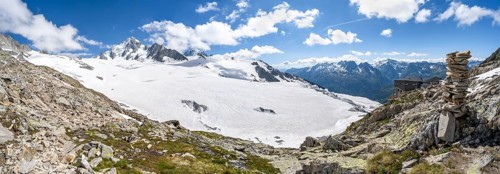 High alpine mountain landscape and mountain hut Refuge Albert 1er, Glacier du Tour, glacier and
