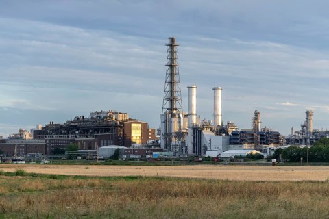 BASF, Lugwigshafen am Rhein, industrial area, dusk, fields, Mannheim, Baden-Württemberg, Germany,