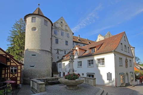 Castle built 7th century with bear fountain and building, Meersburg, Obersee, Lake Constance, Lake