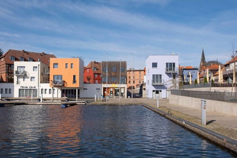 Modern buildings at the town harbour, Malchow, island town, Mecklenburg Lake District, Mecklenburg,