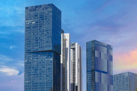 Israel, Tel Aviv financial business district skyline includes shopping malls and high tech offices,