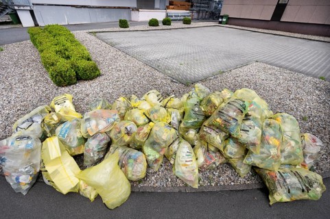 Yellow bags for kerbside collection, Franconia, Bavaria, Germany, Europe