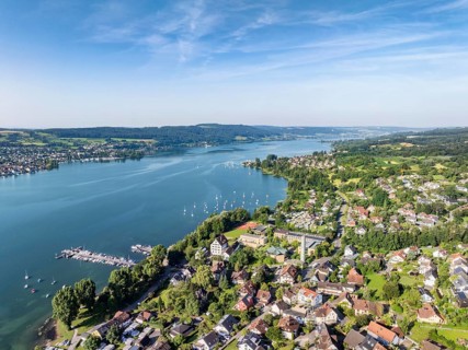 Aerial view of the municipality of Hemmenhofen on the Höri peninsula with the marina, jetty,