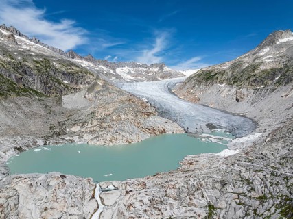 Rhone glacier, valley glacier in the headwaters of the Rhone in the Swiss Alps. Melting glacier,