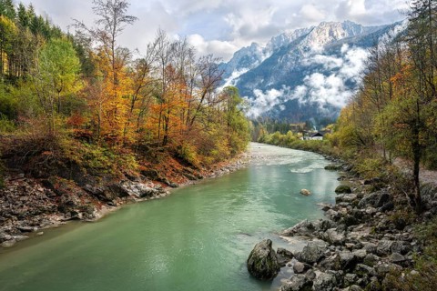 The River Lammer at the end of the Lammerklamm gorge. The Tennengebirge mountains in the background