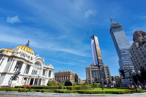 Mexico, Mexico City-3 February, 2020: Landmark tower Torre Latinoamericana and Palace of Fine Arts