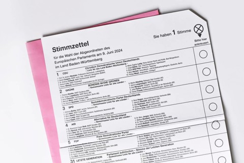 Germany, May 2024: German ballot paper for Elections to the European Parliament. 'Bundestagswahl'