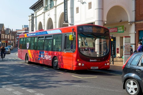 Ipswich Reds route 66 Volvo B7RLE Wright Eclipse Urban bus, Felixstowe Flyers, town centre of
