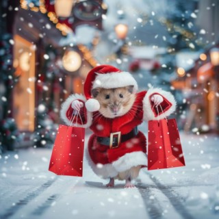 A humanised field hamster dressed as Father Christmas holds two fully packed shopping bags in his