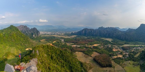Panorama of Vang Vieng and the Kart landscape from Pha Ngern View Point, Vientiane Province, Laos,