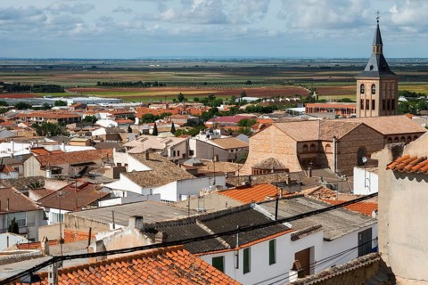 A town view with red roofs and a church tower in the distance under a cloudy sky, Campo de