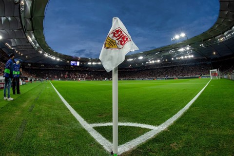 Corner flag, VfB Stuttgart, logo, blue hour, Champions League, MHPArena, MHP Arena Stuttgart,