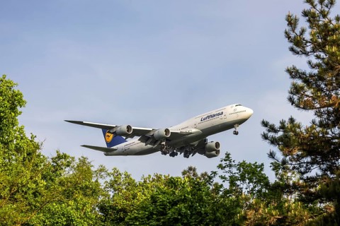 Aircraft on approach at Frankfurt Airport, Fraport. Airline LUFTHANSA, BOEING 747-830. jumbo jet.