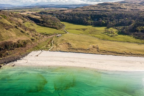 Aerial view of Calgary beach, a sandy beach on the west coast of Isle of Mull, camper vans,