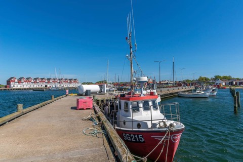 Bagenkop harbour, Langeland island, Funen, fishing boat, jetty, holiday homes, Danish South Sea,
