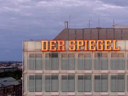 Aerial view of the lettering Der Spiegel on the Spiegel Haus at the Blue Hour, Hamburg, Germany,