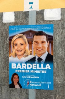 Election poster with the politicians Jordan Bardella and Marine Le Pen, Rassemblement Nationale,