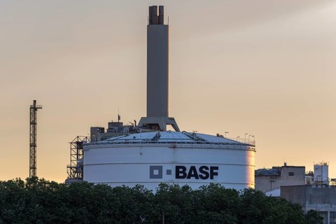 BASF, Lugwigshafen on the Rhine, industrial area, dusk, Mannheim, Baden-Württemberg, Germany,