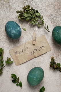 Easter eggs, green, staple text, boxwood, retro, top view