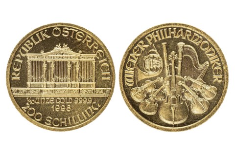 Austrian gold coin from 1998 worth 200 schillings, Vienna Philharmonic, obverse and reverse
