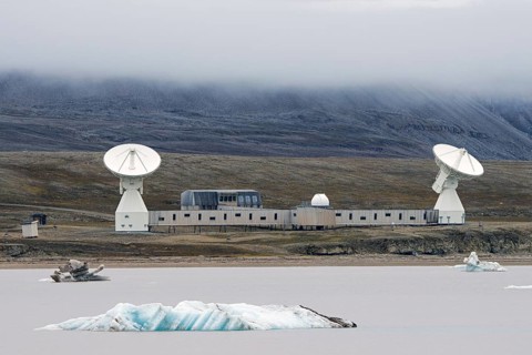 Earth Observatory station with two VLBI antennas and SRL building at research town Ny-Alesund,