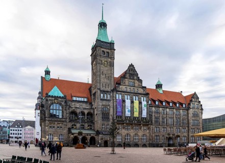 The New Chemnitz City Hall, city administration. Advertising banner for the European Capital of