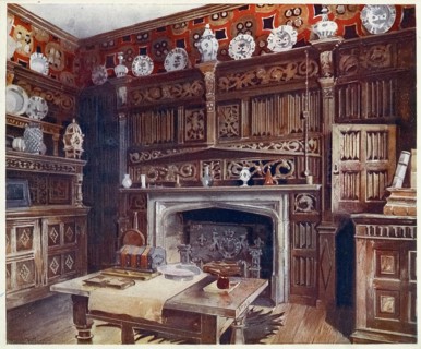 Furniture at the turn of the century 1900, The panelled study in Groombridge Place, Kent. With the