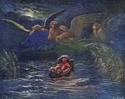 Copperplate engraving from the Dore Bible illustrating the Book of Exodus, The Child Moses on the