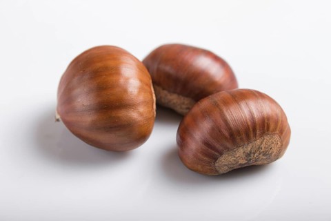 Sweet chestnuts isolated on white background. closeup, macro