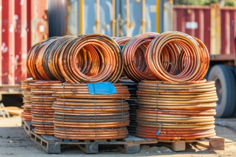 Copper strands, copper coils, copper, cable, wound for transport on pallets, at a scrap yard,