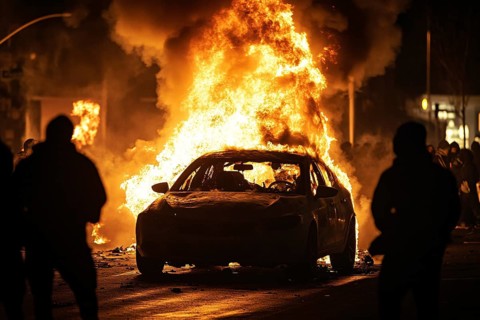 Burning car in street with rioting people at night. Generative Ai, AI generated