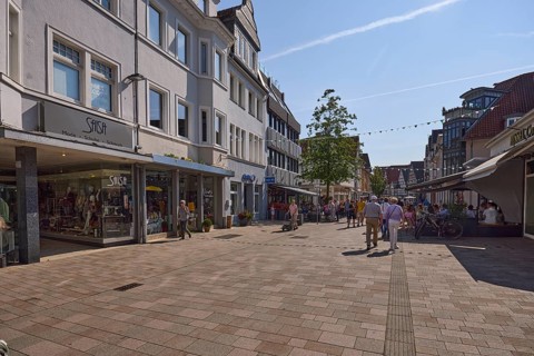 Pedestrian zone Lange Straße with retail shops in Bad Salzuflen, Lippe district, North