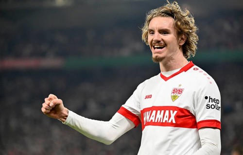 Goal celebration Nick Woltemade VfB Stuttgart (11) MHPArena, MHP Arena Stuttgart,
