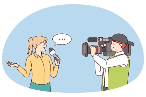 Cameraman shooting woman journalist doing reportage. Professional operator filming female reporter