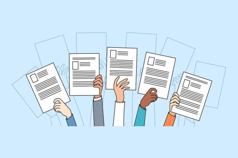 Diverse people hands raise up holding resume or CV offer candidacy at open position. Applicants or