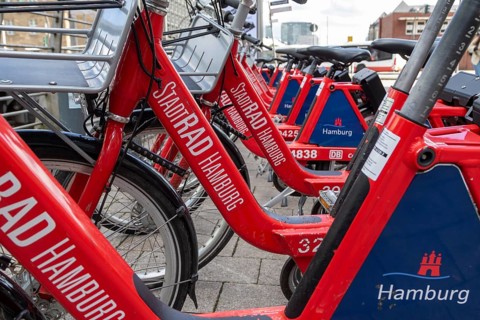 Symbolic image mobility, traffic turnaround, local transport, city bike, Deutsche Bahn rental bikes