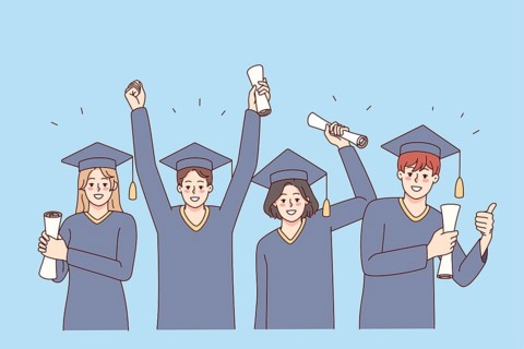 Excited people in mantles holding diplomas celebrate college graduation. Smiling students on