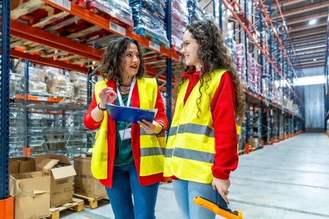 Female manager with female colleague taking inventory in company warehouse while walking along the