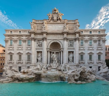 Trevi fountain at sunrise, Rome, Italy. Rome baroque architecture and landmark. Rome Trevi fountain