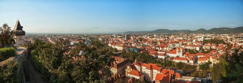 Graz panorama, beautiful view from Schlossberg above the city center