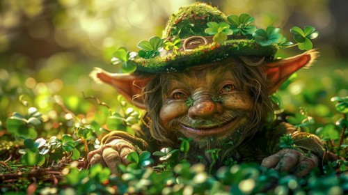 A mischievous-looking leprechaun peeks through clovers with sunlight filtering through the forest,