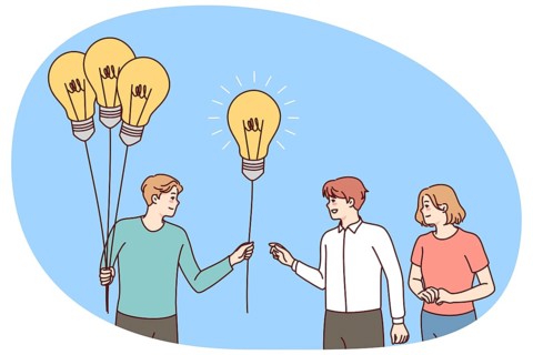 Man with lightbulbs in hands giving bulbs to people. Businessman offer creative business ideas to
