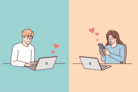 Couple texting online on gadget having relationship on distance. Man and woman message communicate
