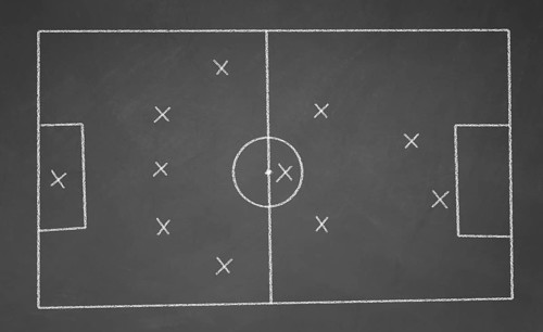 Abstract football field drawn with chalk on blackboard. 5-3-2 scheme